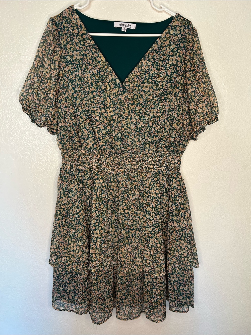 Mimi Chica Dark Green Floral V-Neck Smocked-Waist Mini Dress
